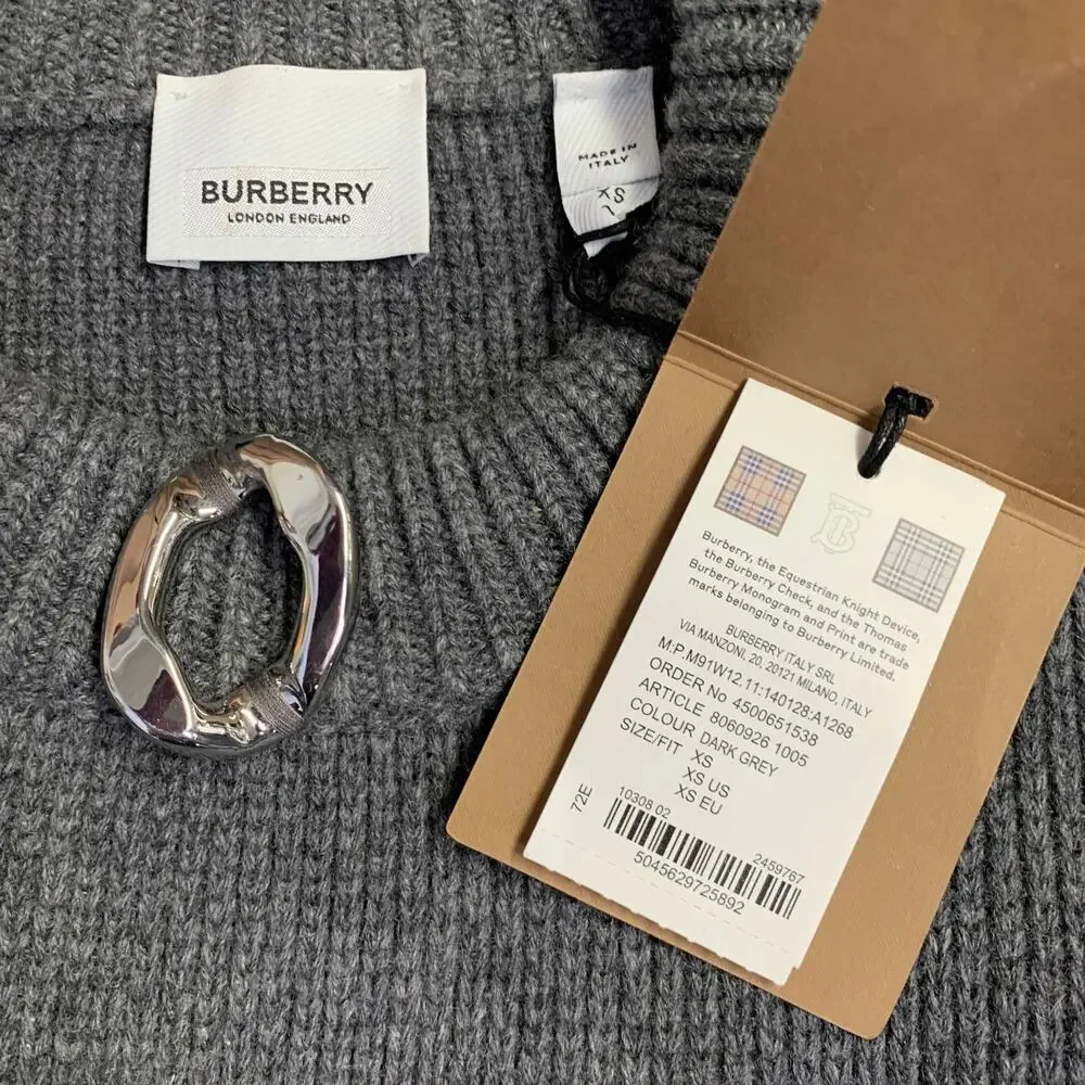 BURBERRY Size XS Grey Embellishment Cashmere Wool Crew Neck Sweater - Picture 5 of 6